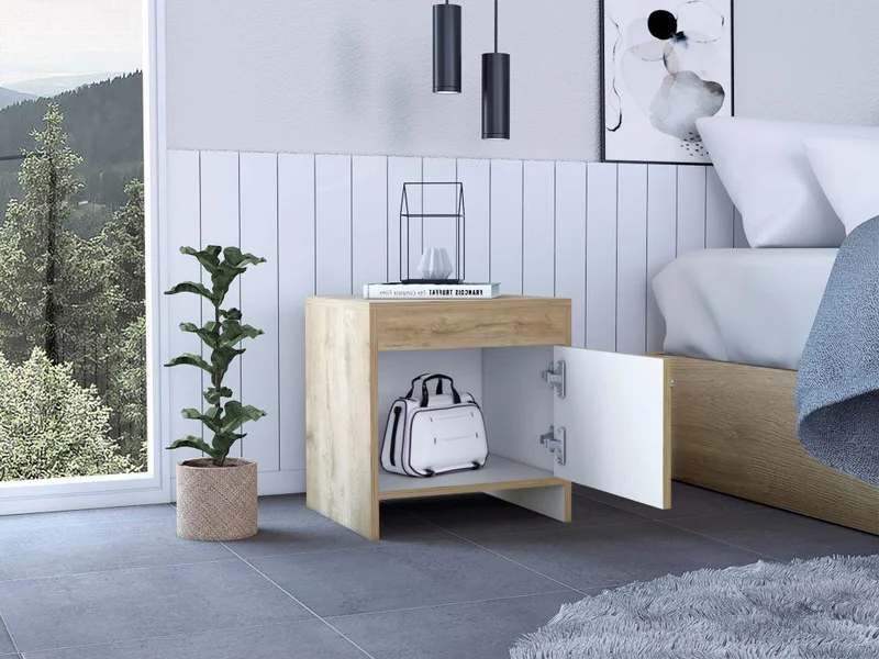 Mesa de Noche Tutto, Macadamia y Blanco, con Cajón para Guardar Objetos Ideal para Espacios Reducidos
