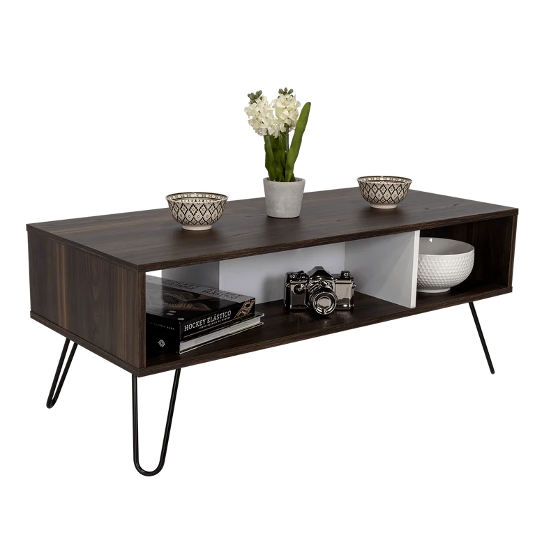 Mesa de Centro Lara, Caoba y Blanco, con Amplio Espacio y Patas de Acero