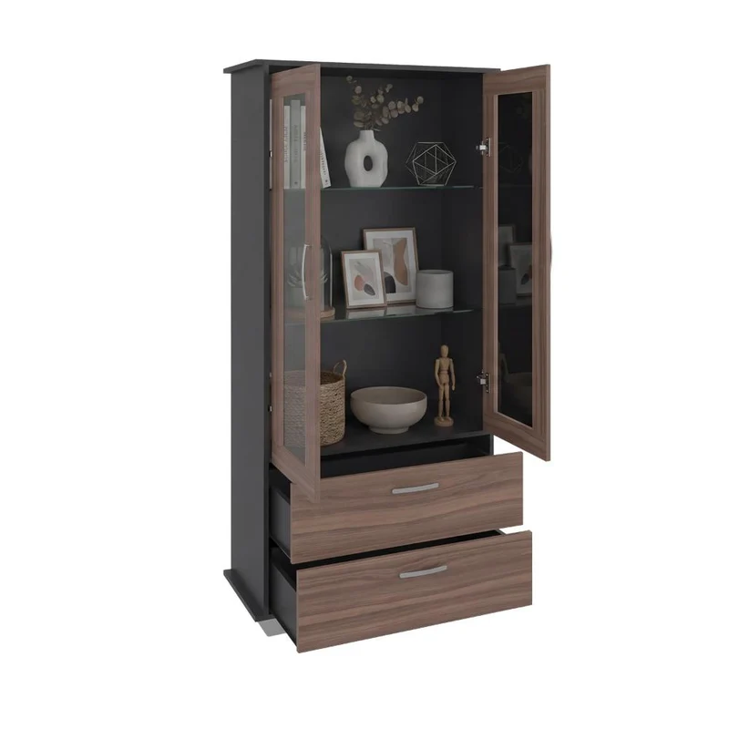 Vitrina Clasic, Wengue y Avellana, con Dos Cajones
