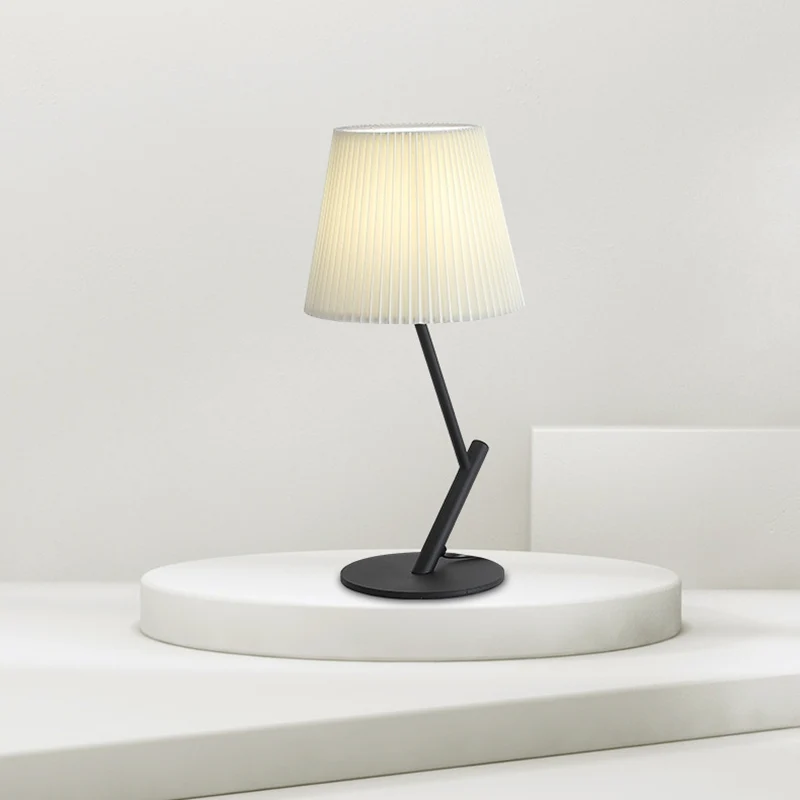 Contemporary Nordic Pleated Fabric Shade Hardware Tube 1-Light Table Lamp For Bedroom