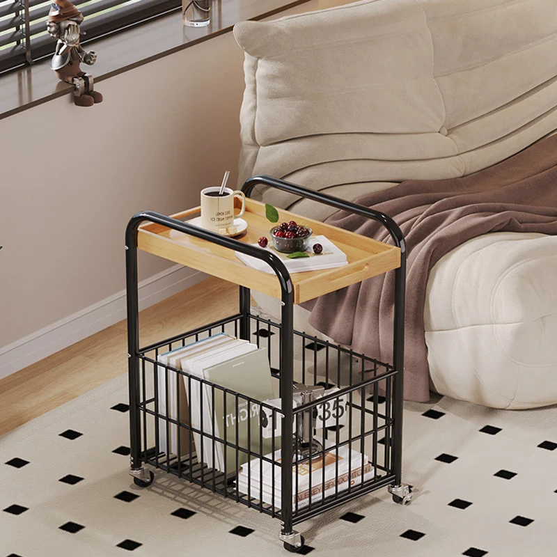 Modern Minimalist Removable Rectangular Nan Bamboo Steel Tube End Table 1-Shelf 1-Storage For Living Room