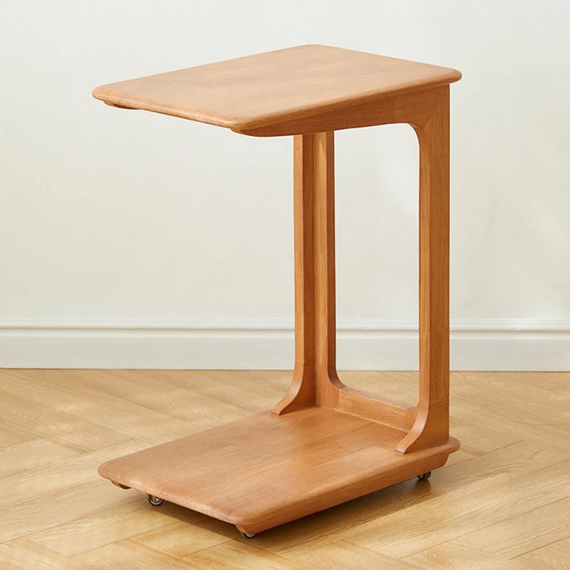 Modern Simplicity C-Shaped Rectangular Hollowed Red Oak Wood End Table Movable 2-Tier For Living Room