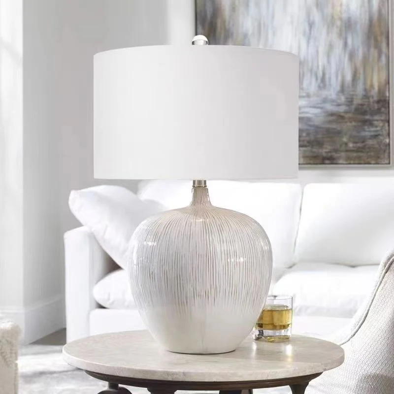 Contemporary Nordic Round Ceramic Fabric 1-Light Table Lamp For Living Room