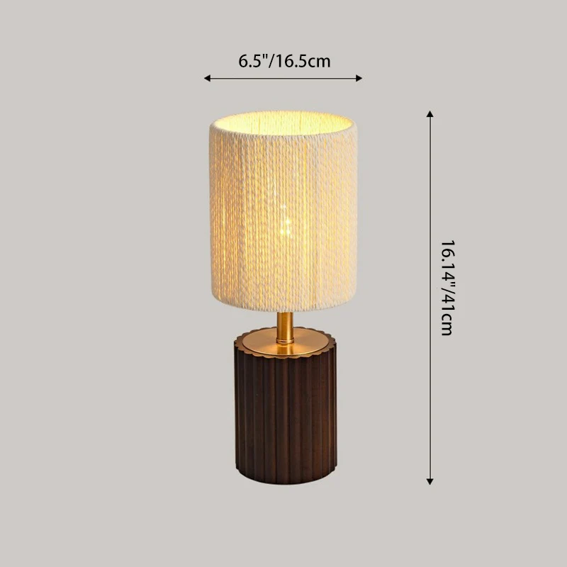 Traditional Japanese Cylinder Rubberwood Paper Rope 1-Light Table Lamp For Bedroom