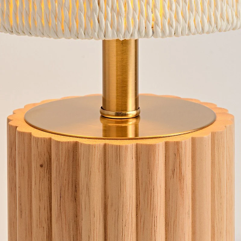 Traditional Japanese Cylinder Rubberwood Paper Rope 1-Light Table Lamp For Bedroom