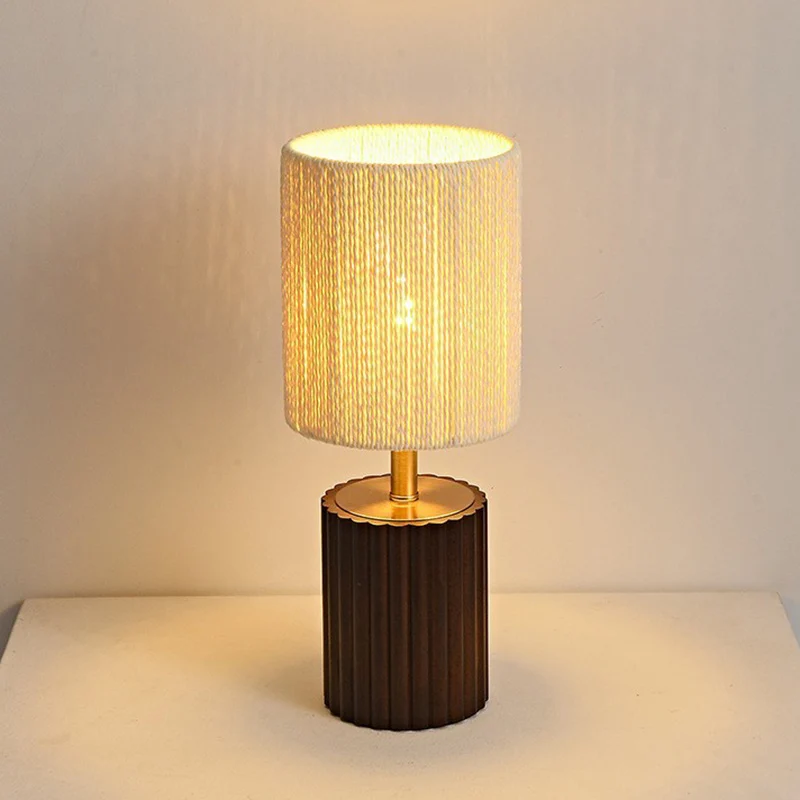 Traditional Japanese Cylinder Rubberwood Paper Rope 1-Light Table Lamp For Bedroom