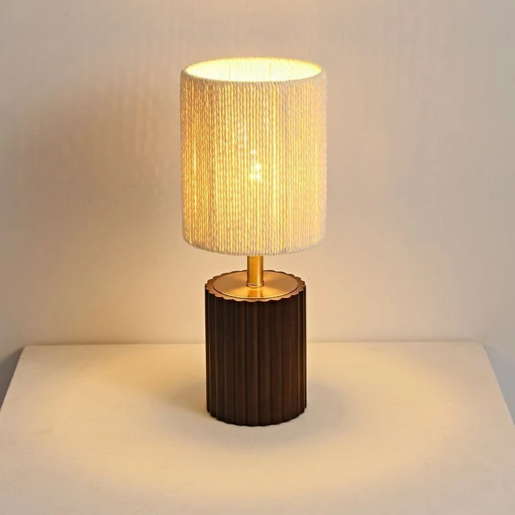 Traditional Japanese Cylinder Rubberwood Paper Rope 1-Light Table Lamp For Bedroom