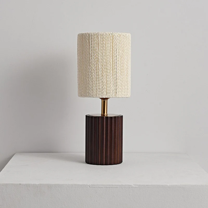Traditional Japanese Cylinder Rubberwood Paper Rope 1-Light Table Lamp For Bedroom