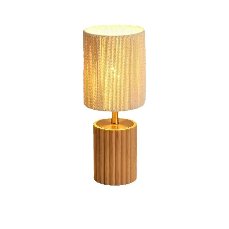 Traditional Japanese Cylinder Rubberwood Paper Rope 1-Light Table Lamp For Bedroom