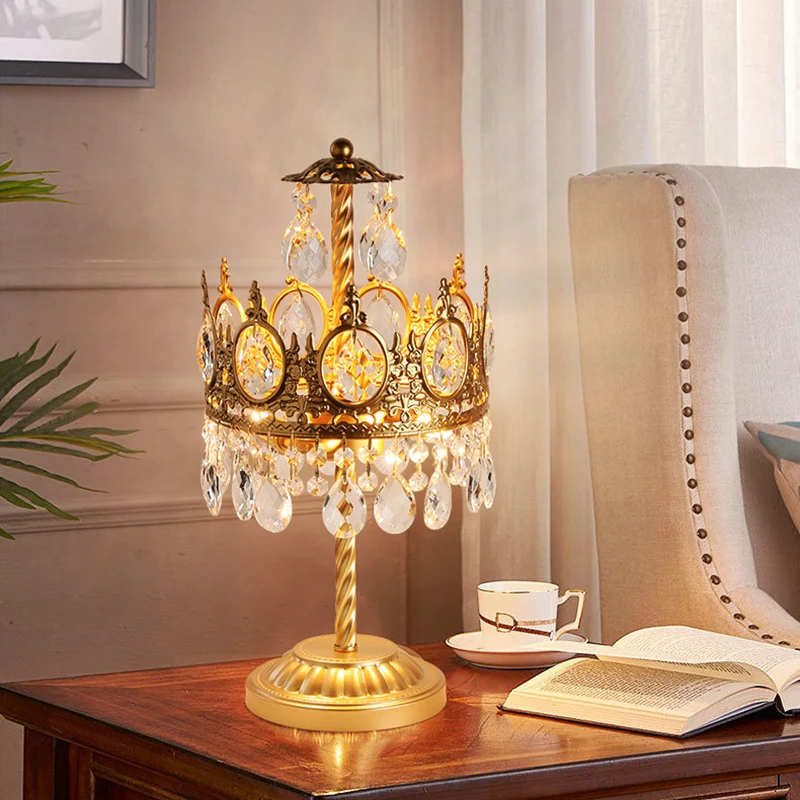 Modern Luxury Crown Iron Crystal 2-Light Table Lamp For Bedroom