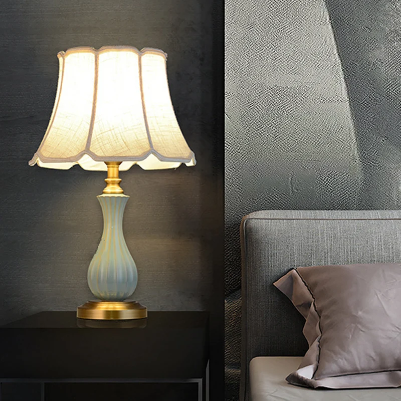 Traditional European Frustum Cone Drum Fabric Ceramic Copper 1-Light Table Lamp For Living Room