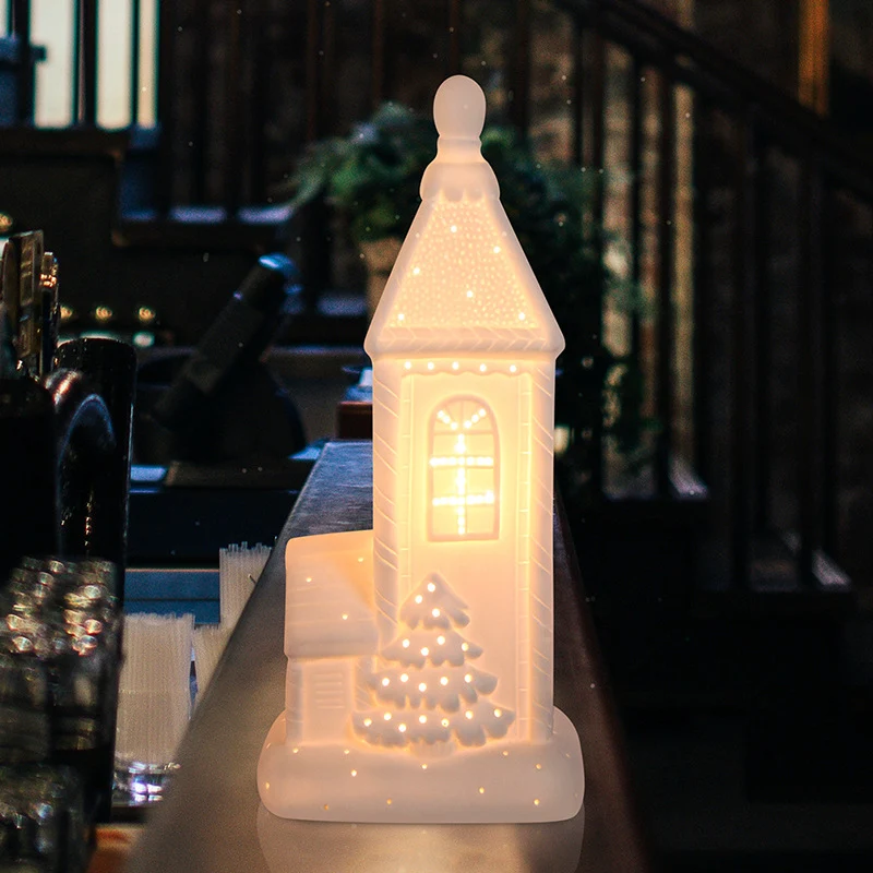 Contemporary Nordic Battery Ceramic Pointed House Christmas Tree LED Table Lamp Night Light For Bedroom