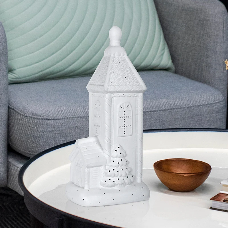 Contemporary Nordic Battery Ceramic Pointed House Christmas Tree LED Table Lamp Night Light For Bedroom