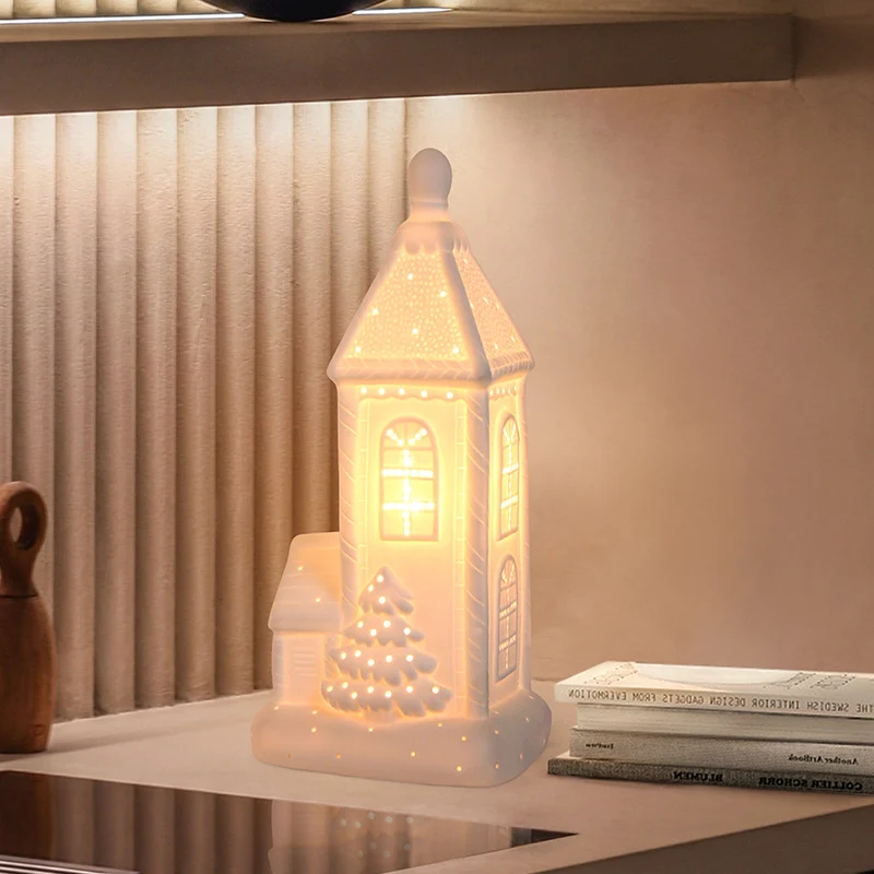 Contemporary Nordic Battery Ceramic Pointed House Christmas Tree LED Table Lamp Night Light For Bedroom