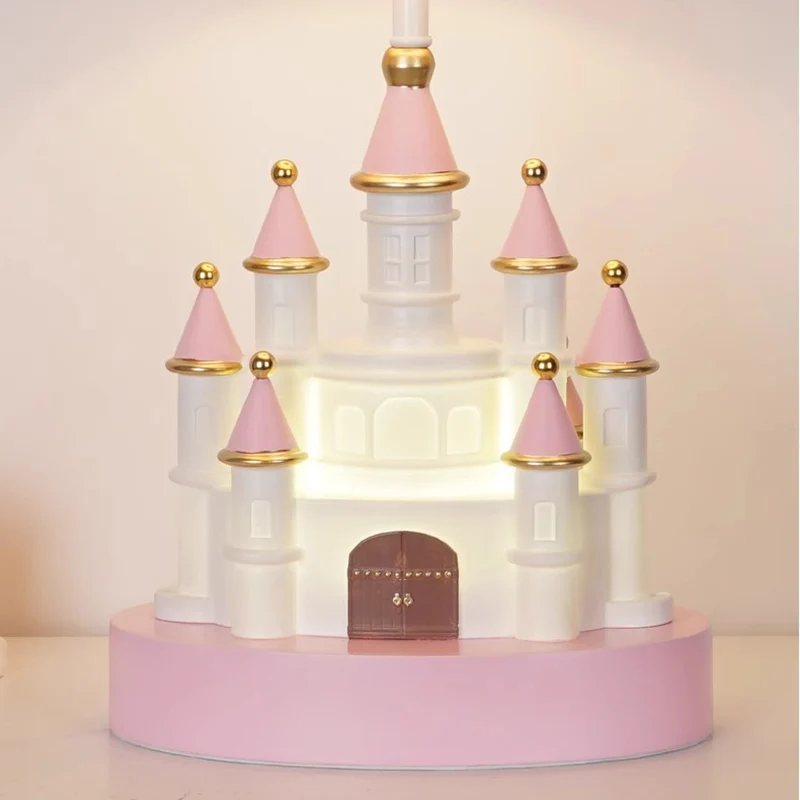 Traditional European Fabric Pink Dream Castle Resin Base 1-Light Table Lamp For Bedroom