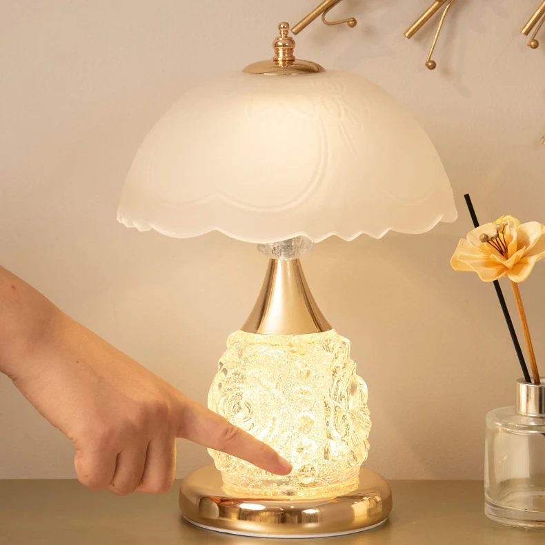Modern Luxury Rechargeable Iron Glass Frosted Dome Petal Rose LED Table Lamp For Bedside