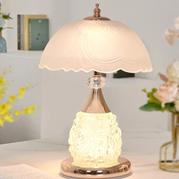 Modern Luxury Rechargeable Iron Glass Frosted Dome Petal Rose LED Table Lamp For Bedside