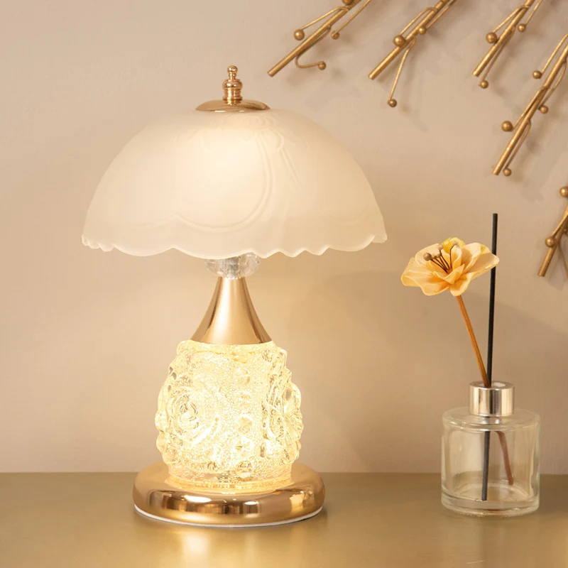 Modern Luxury Rechargeable Iron Glass Frosted Dome Petal Rose LED Table Lamp For Bedside