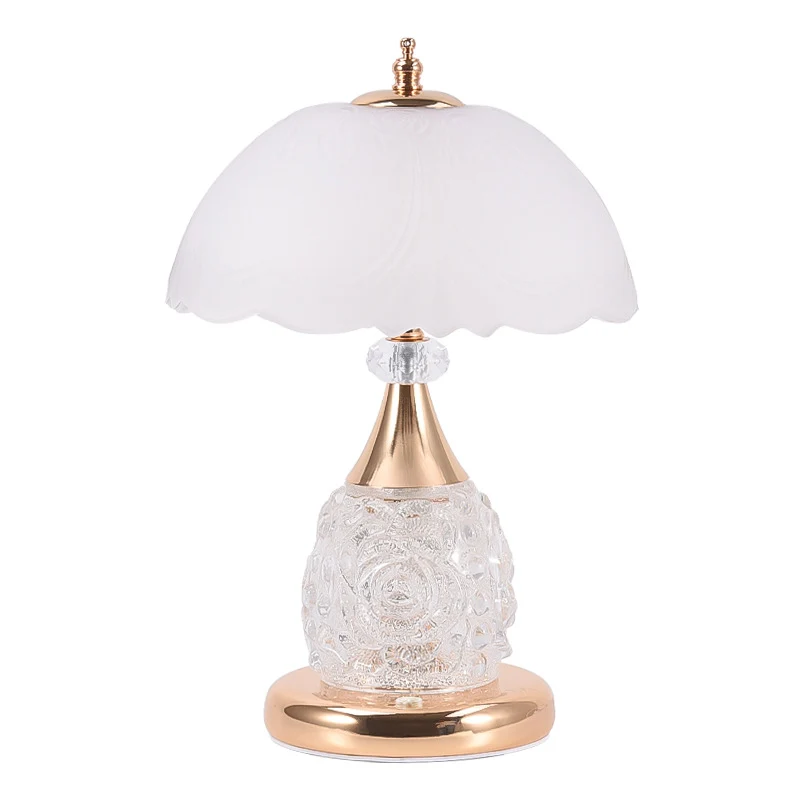 Modern Luxury Rechargeable Iron Glass Frosted Dome Petal Rose LED Table Lamp For Bedside