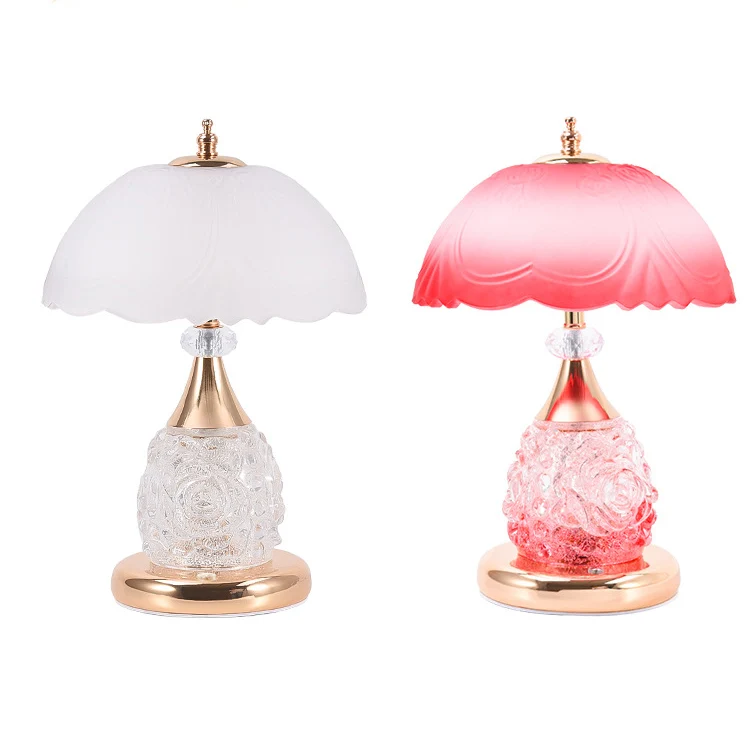 Modern Luxury Rechargeable Iron Glass Frosted Dome Petal Rose LED Table Lamp For Bedside