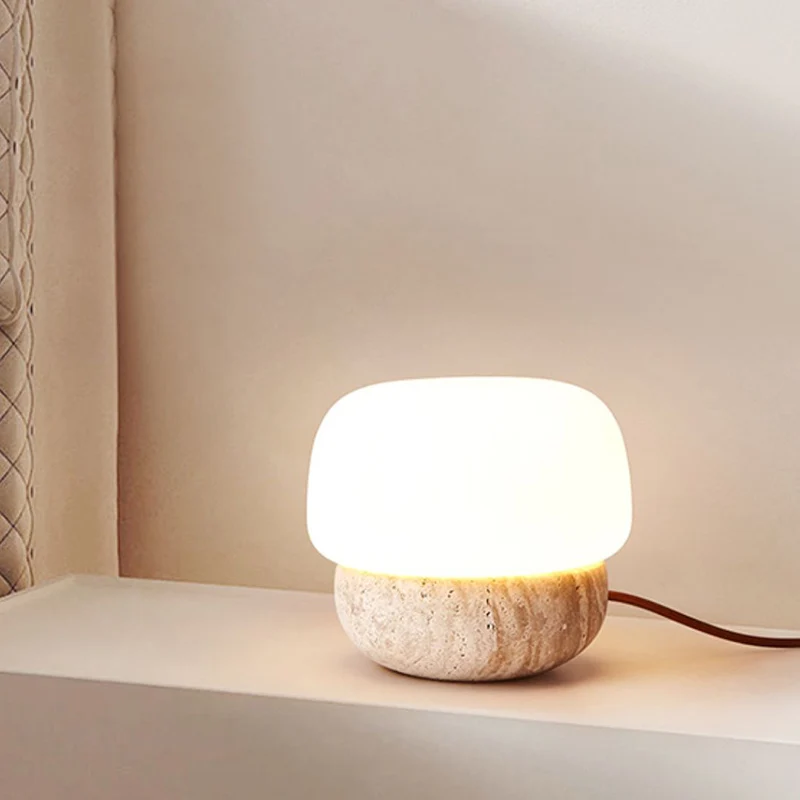 Traditional Japanese Cylinder Stone Glass 1-Light Table Lamp For Living Room