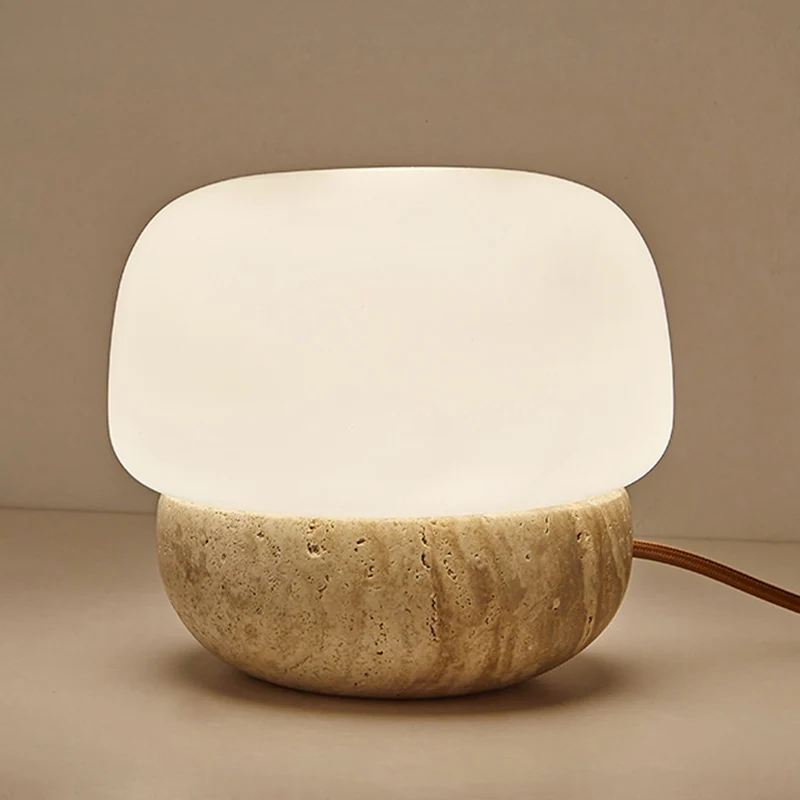 Traditional Japanese Cylinder Stone Glass 1-Light Table Lamp For Living Room