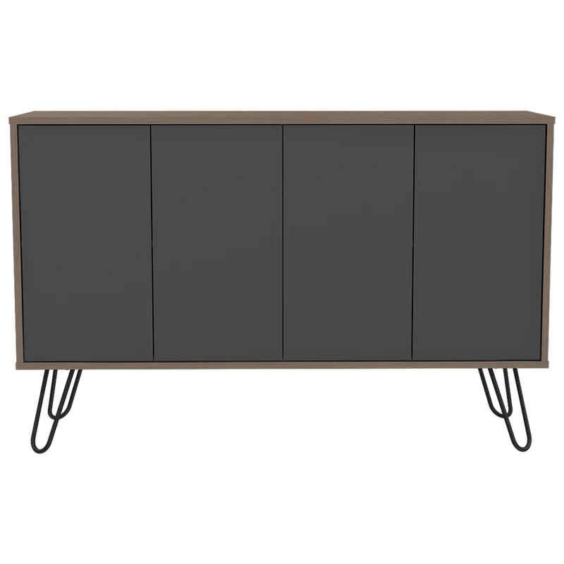 Mesa Auxiliar Lara, Fresno Europeo y Plata Oscuro, con Varios Entrepaños y Patas Metálicas
