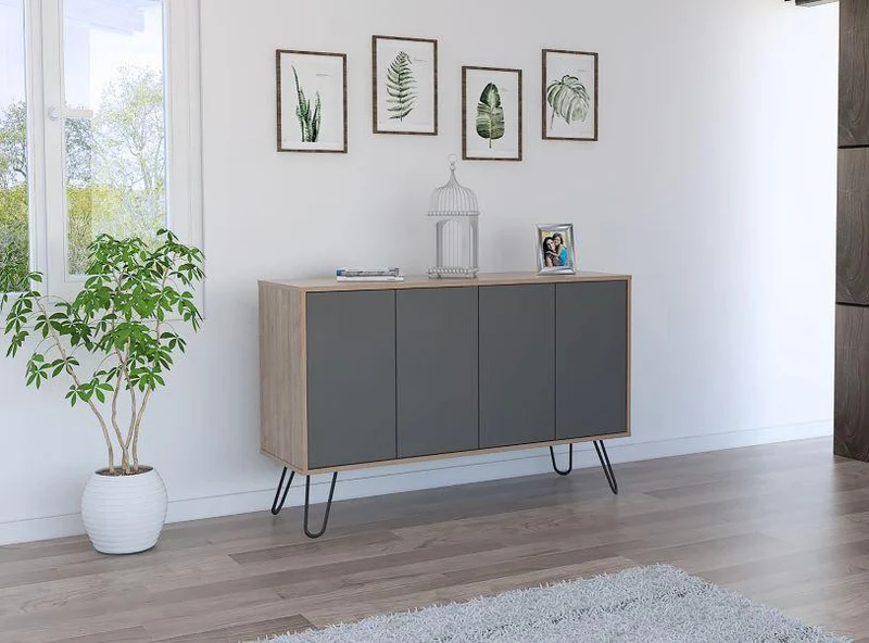 Mesa Auxiliar Lara, Fresno Europeo y Plata Oscuro, con Varios Entrepaños y Patas Metálicas