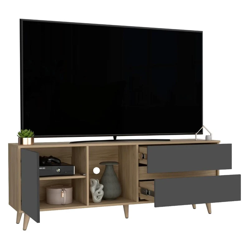 Mesa para TV Nashira, Fresno Europeo y Plata Oscuro, con Espacio para Televisor de hasta 60 Pulgadas
