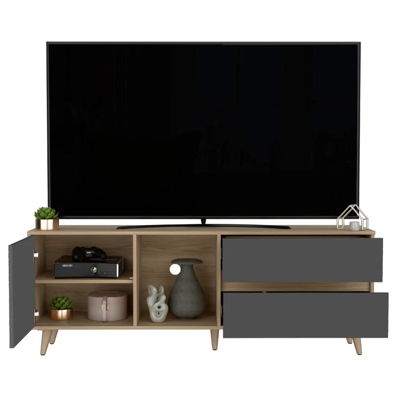 Mesa para TV Nashira, Fresno Europeo y Plata Oscuro, con Espacio para Televisor de hasta 60 Pulgadas