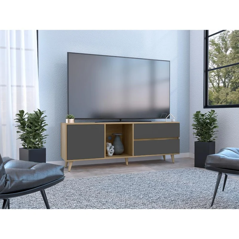 Mesa para TV Nashira, Fresno Europeo y Plata Oscuro, con Espacio para Televisor de hasta 60 Pulgadas