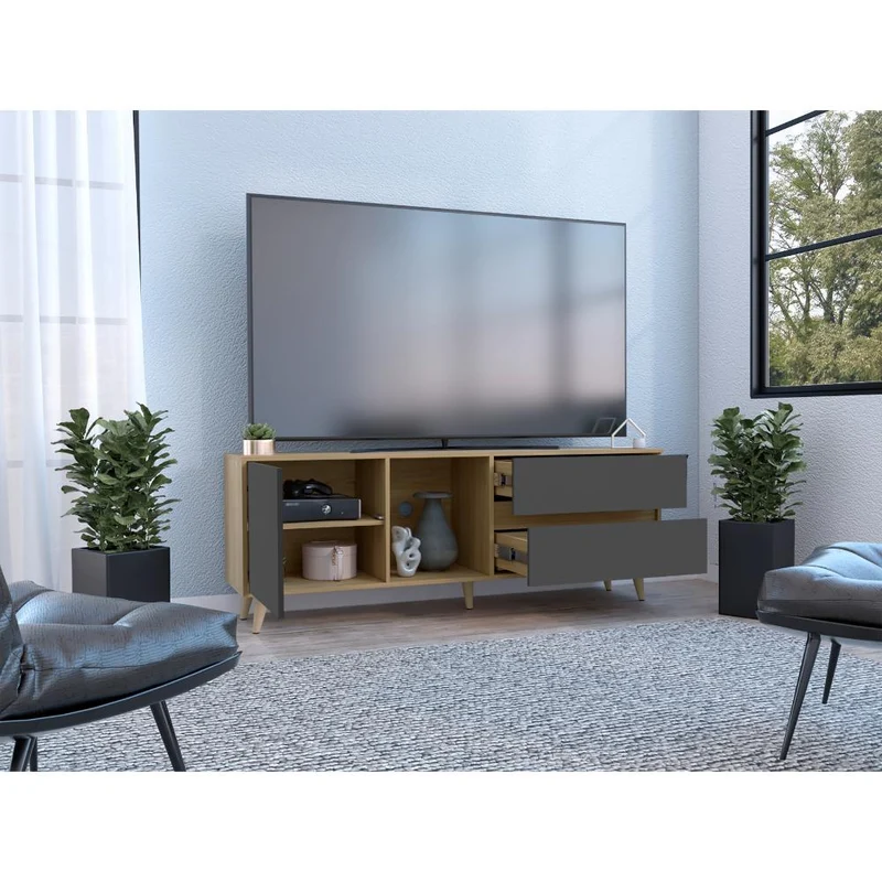 Mesa para TV Nashira, Fresno Europeo y Plata Oscuro, con Espacio para Televisor de hasta 60 Pulgadas