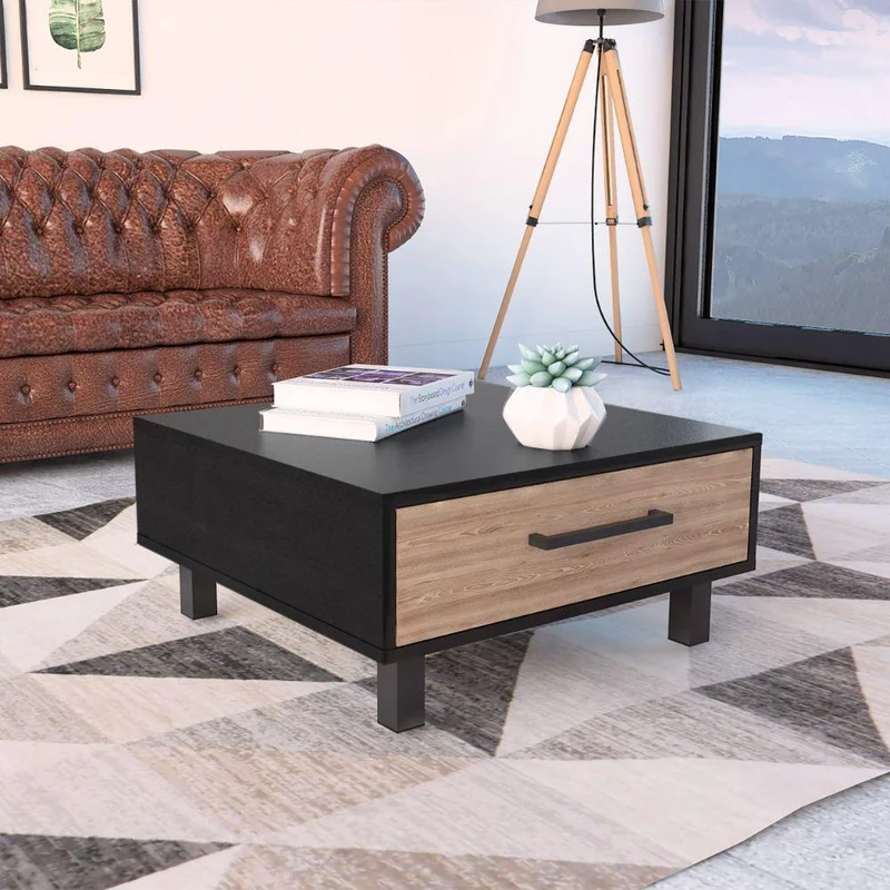 Mesa de Centro Wesley, Wengue y Miel, con un Cajón Amplio y Patas en Acero