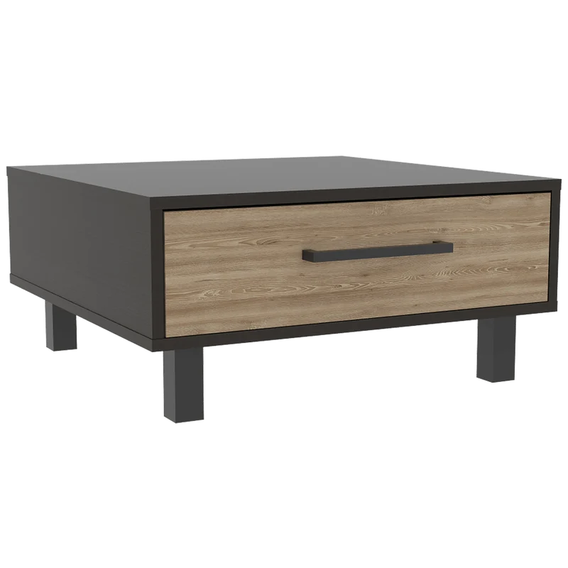 Mesa de Centro Wesley, Wengue y Miel, con un Cajón Amplio y Patas en Acero