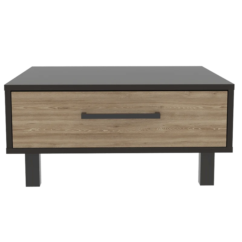 Mesa de Centro Wesley, Wengue y Miel, con un Cajón Amplio y Patas en Acero