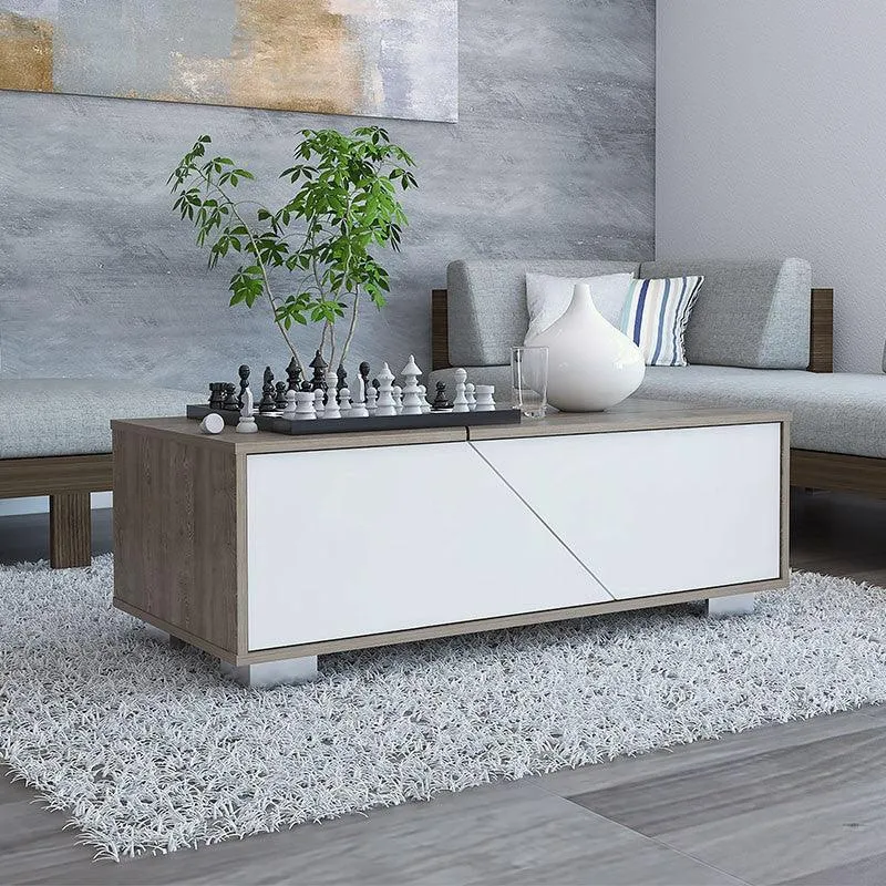 Mesa de Centro Orus, Miel y Blanco, con Cuatro Puertas y Patas en Acero