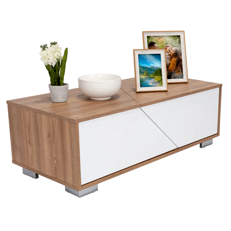 Mesa de Centro Orus, Miel y Blanco, con Cuatro Puertas y Patas en Acero