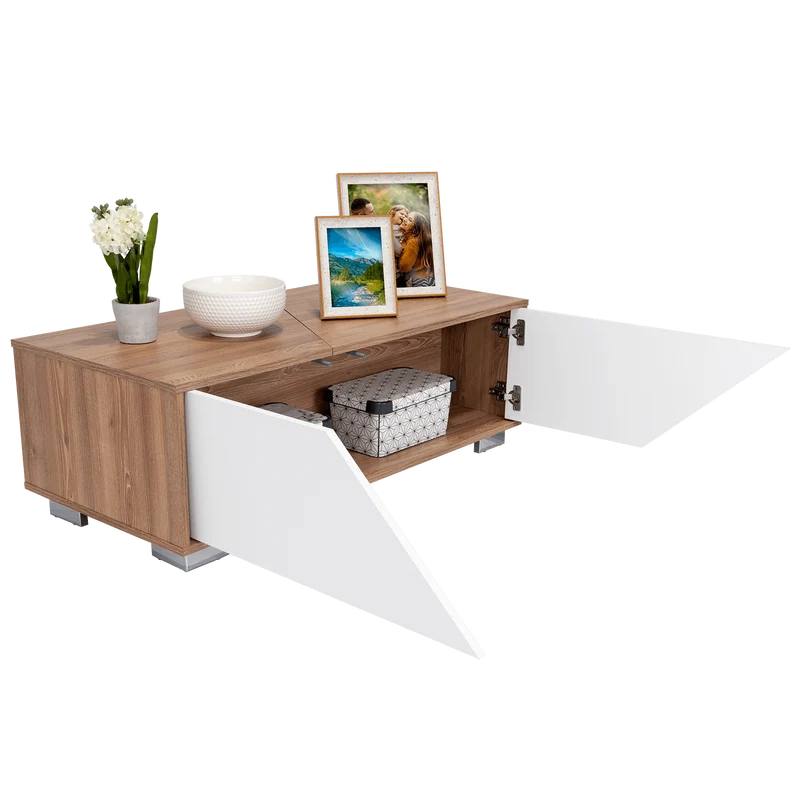 Mesa de Centro Orus, Miel y Blanco, con Cuatro Puertas y Patas en Acero