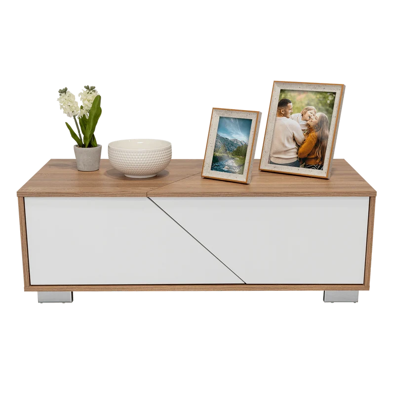 Mesa de Centro Orus, Miel y Blanco, con Cuatro Puertas y Patas en Acero