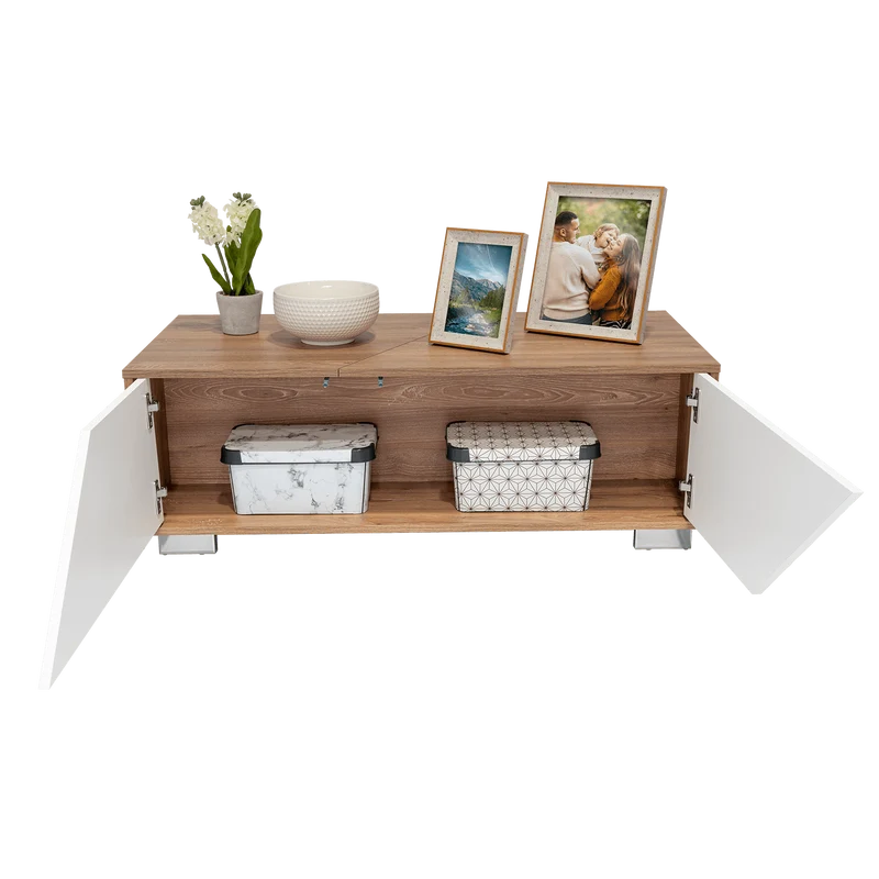 Mesa de Centro Orus, Miel y Blanco, con Cuatro Puertas y Patas en Acero