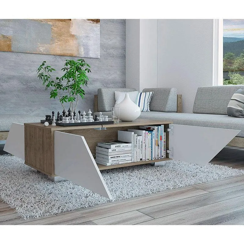 Mesa de Centro Orus, Miel y Blanco, con Cuatro Puertas y Patas en Acero