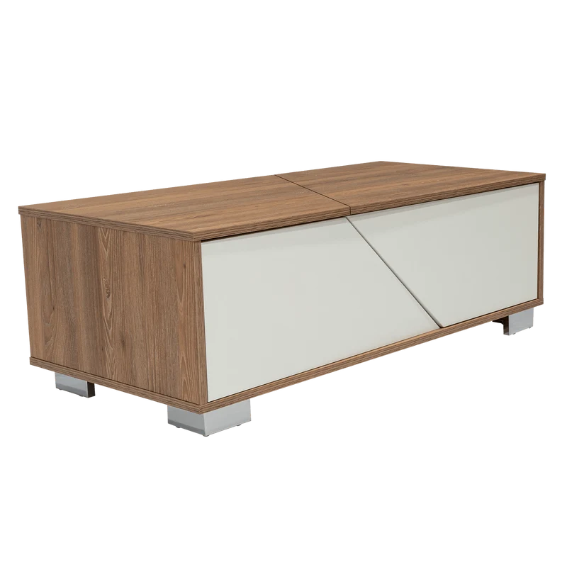 Mesa de Centro Orus, Miel y Blanco, con Cuatro Puertas y Patas en Acero