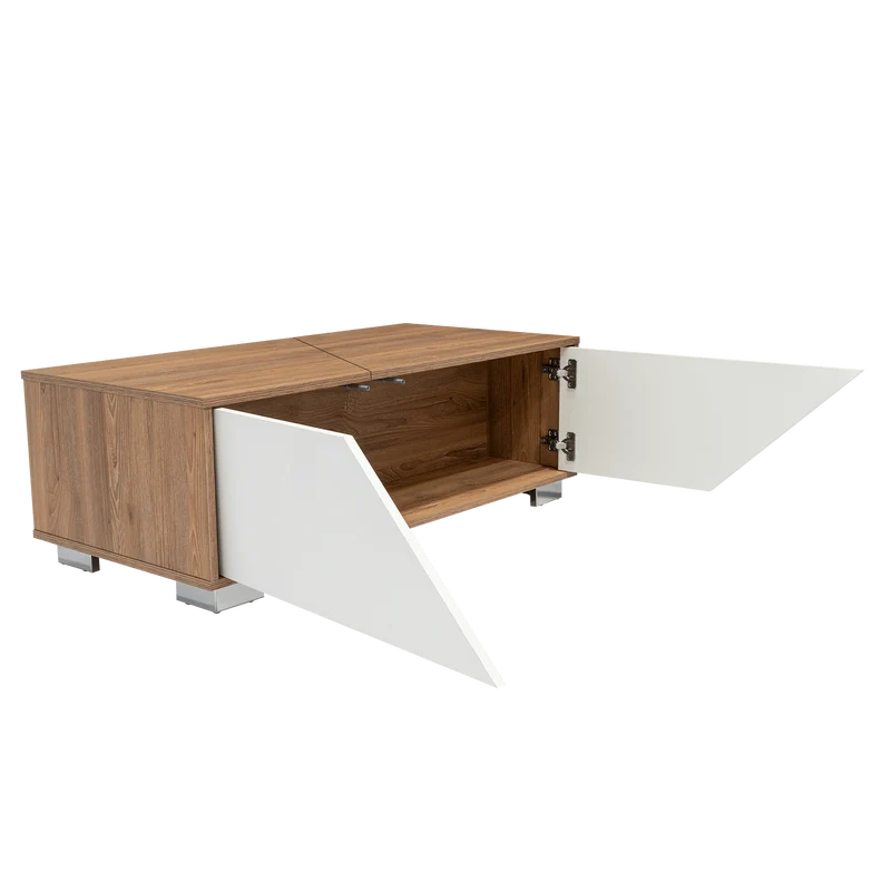 Mesa de Centro Orus, Miel y Blanco, con Cuatro Puertas y Patas en Acero