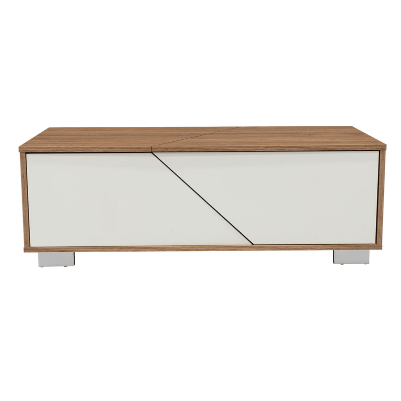 Mesa de Centro Orus, Miel y Blanco, con Cuatro Puertas y Patas en Acero