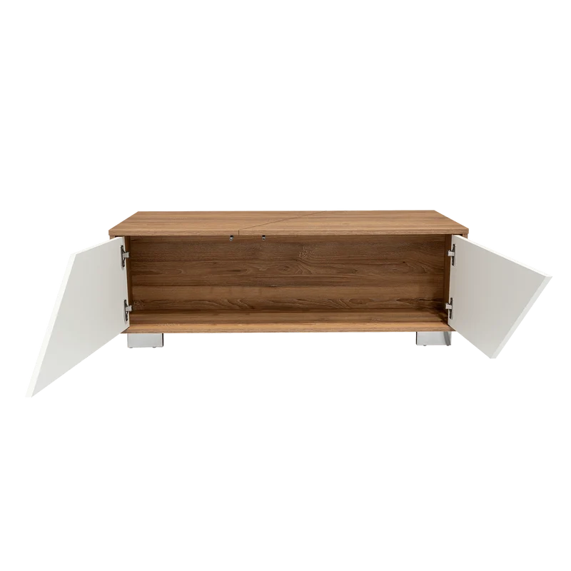 Mesa de Centro Orus, Miel y Blanco, con Cuatro Puertas y Patas en Acero