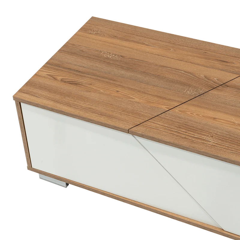 Mesa de Centro Orus, Miel y Blanco, con Cuatro Puertas y Patas en Acero