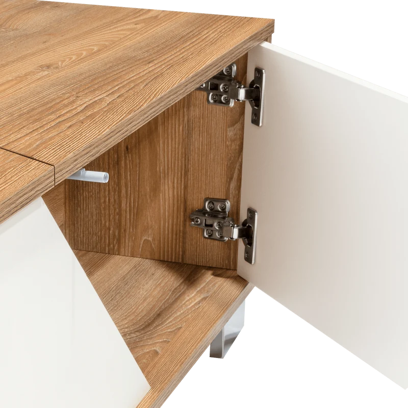 Mesa de Centro Orus, Miel y Blanco, con Cuatro Puertas y Patas en Acero