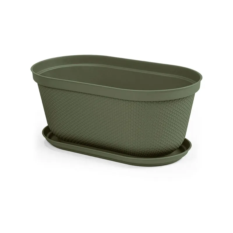 Matera Ovalada Rafia 40 cm con Plato Verde Musgo