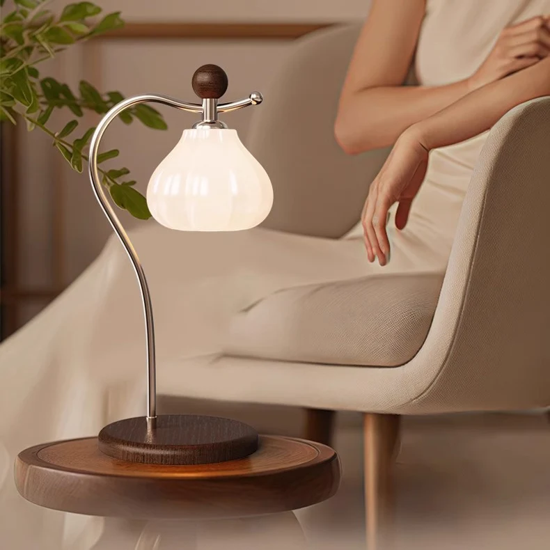Traditional Vintage Floral Arc Round Cone Wood Iron Glass LED Table Lamp For Bedroom