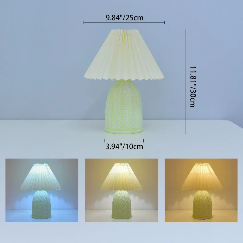 Traditional Vintage Scalloped Cylinder Round Fabric Ceramic LED Table Lamp For Living Room